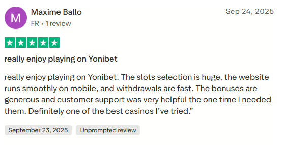 Avis Trustpilot Yonibet - paiements en moins d'une heure